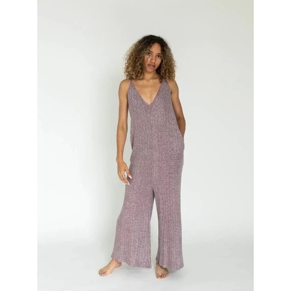 NWT MINA LISA Ribbed Knit Jumpsuit Mauve Purple Sleeveless Knit Wide Leg Medium